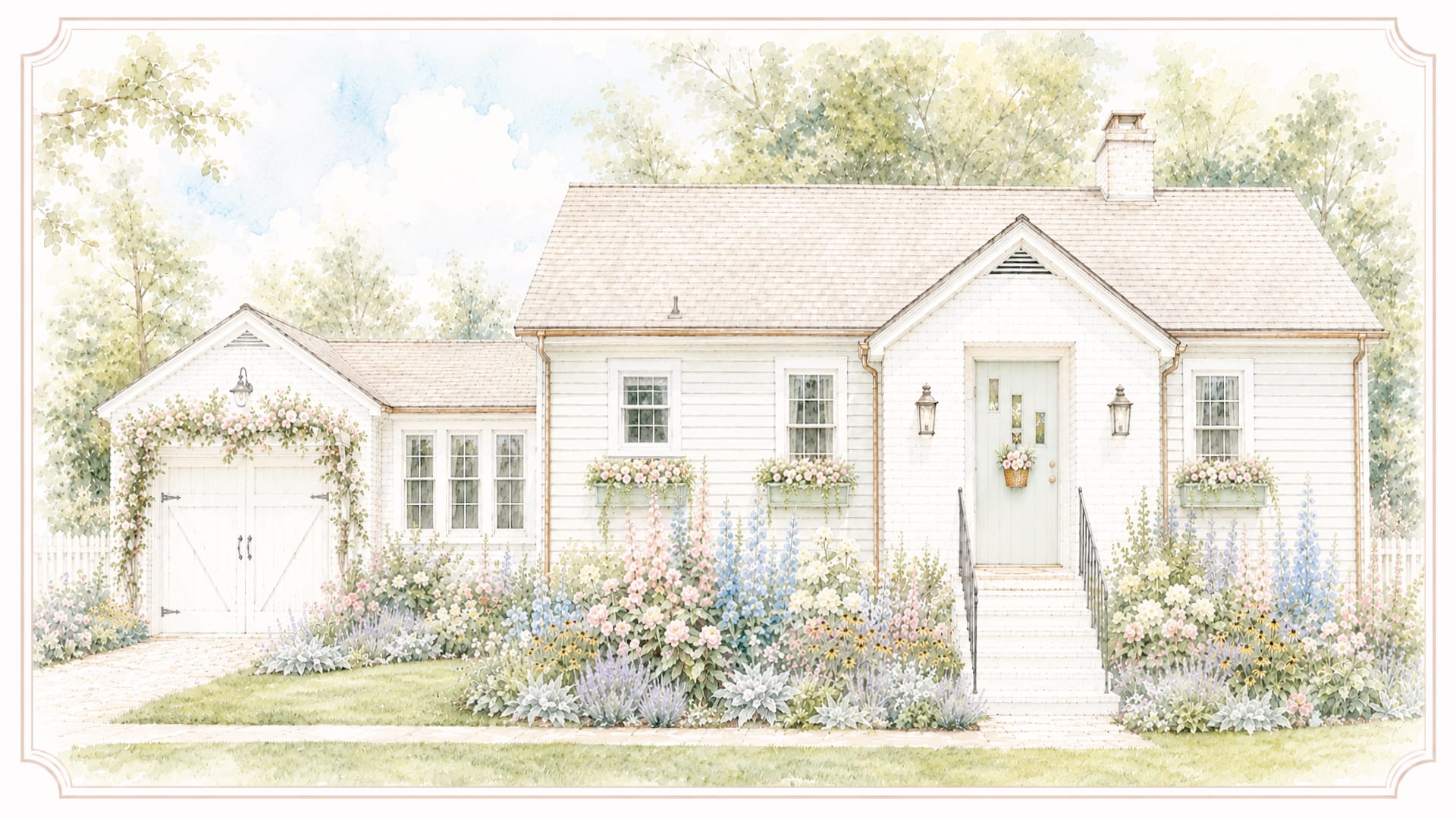 Watercolor illustration of The Cottage at Foxhavens, an English-inspired cottage built in 1945 surrounded by English cottage gardens.