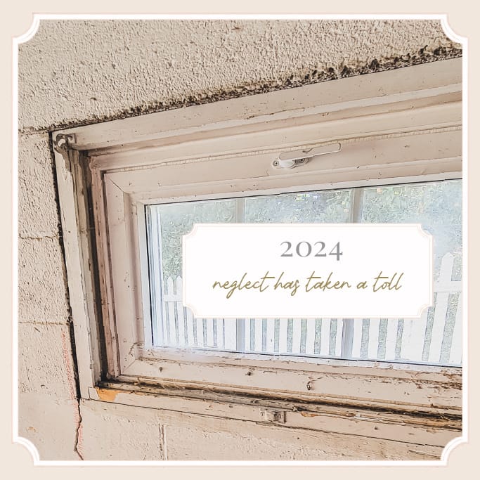 Original workshop garage window at The Cottage at Foxhavens, representing the final transition before the cottage entered its next chapter by 2024.