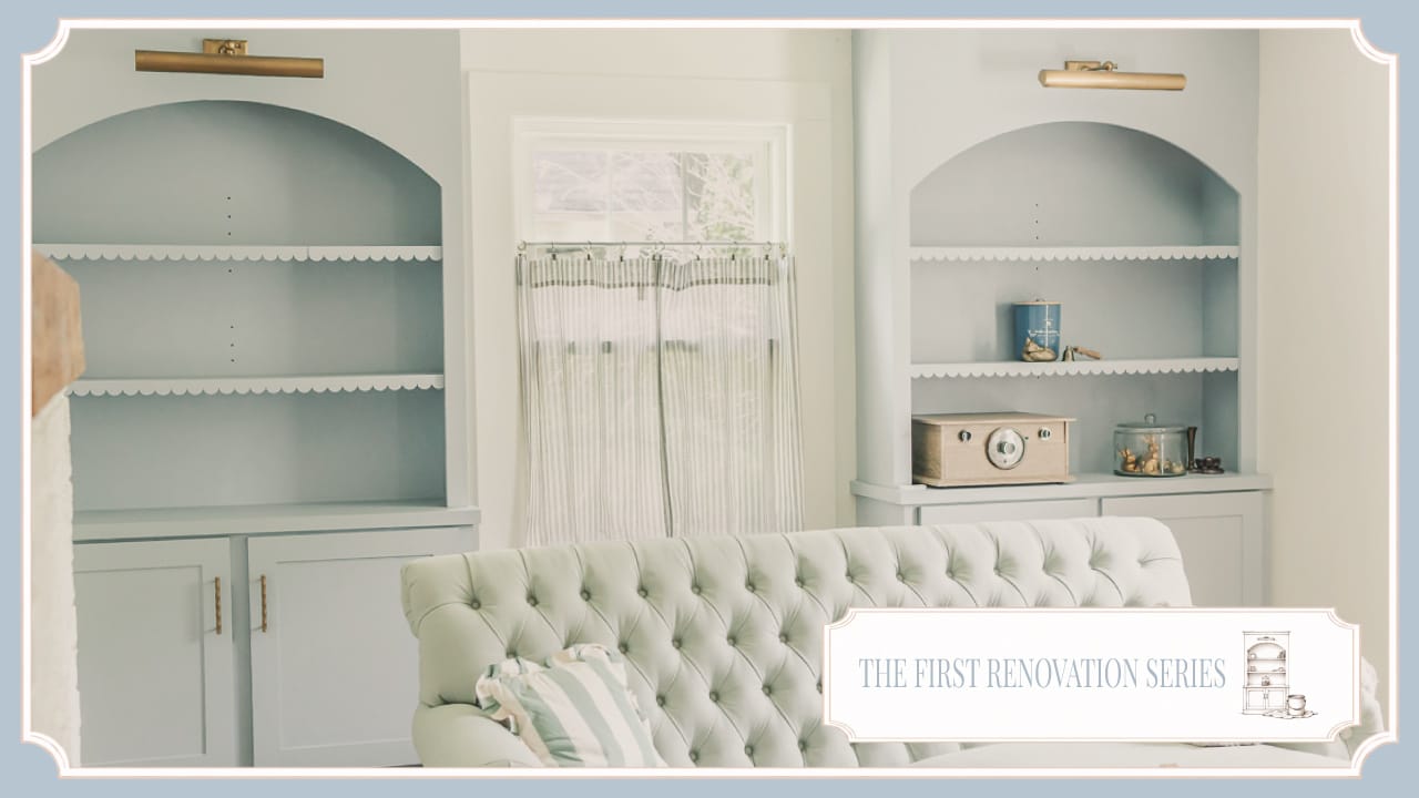 Windy Blue built-in bookcases in the sitting room at The Cottage at Foxhavens